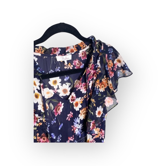 Parker 𑁍 Floral Silk A-Line V Neck Dress 𑁍 Scalloped Ruffles 𑁍 Navy 𑁍 XS 𑁍 - Picture 9 of 16